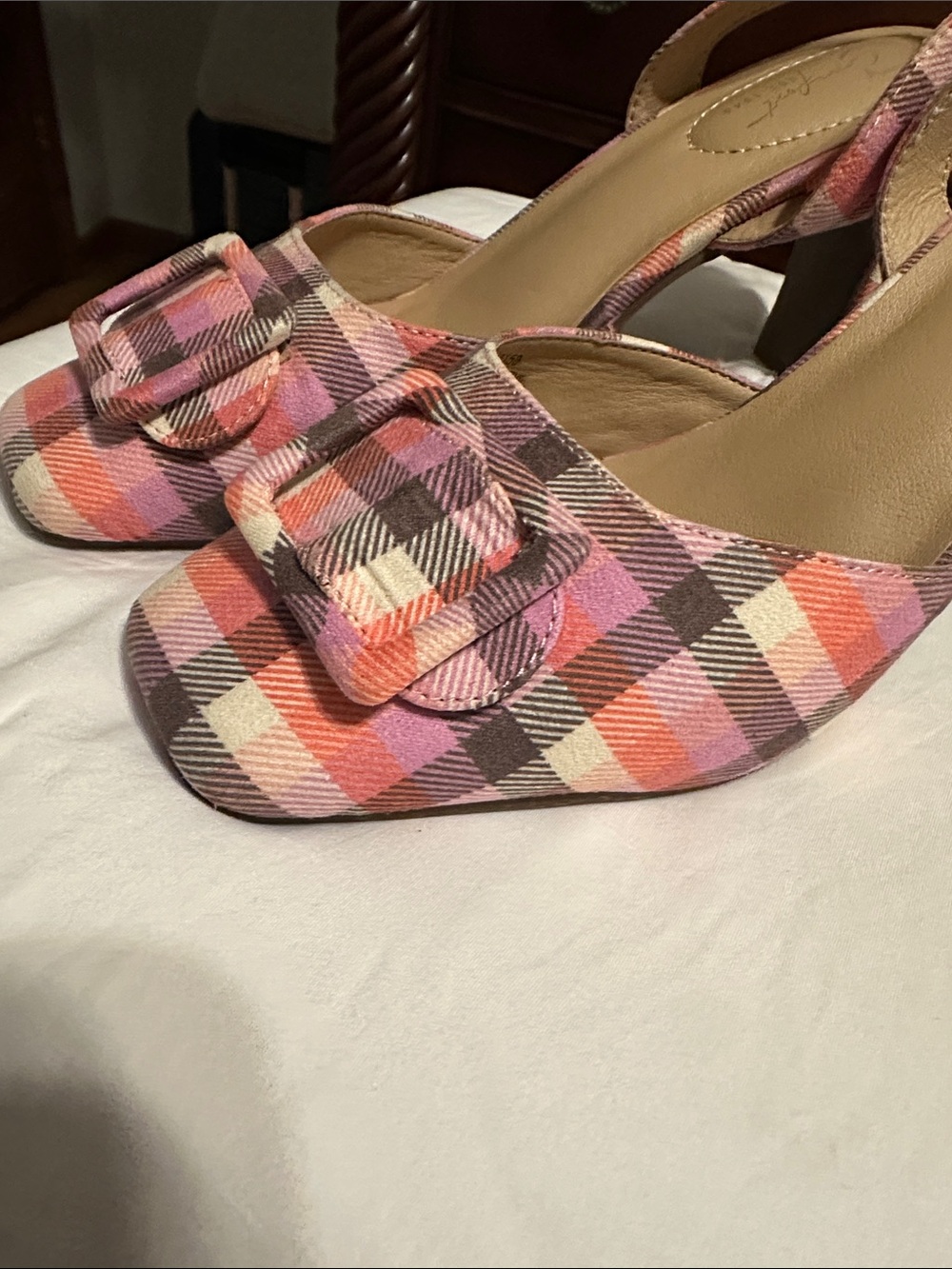 Cityclassified Pink Orange Plaid Buckle Slingback Mules - Picture 9 of 10